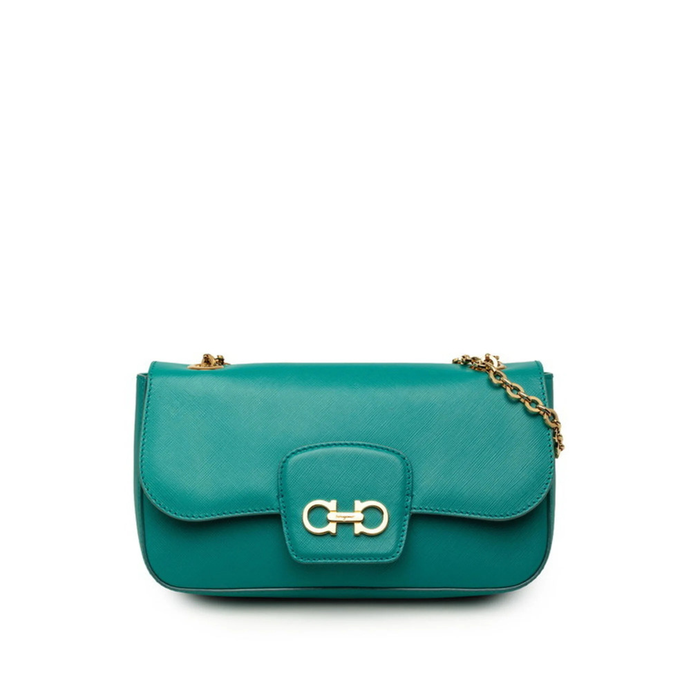 Salvatore Ferragamo Gancini Chain Handbag One Shoulder AU-21 E081 Green Leath...